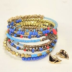 Wrap Bracelet Gold Post Earring Set Blue Gold Coral Seed Bead Metallic Casual